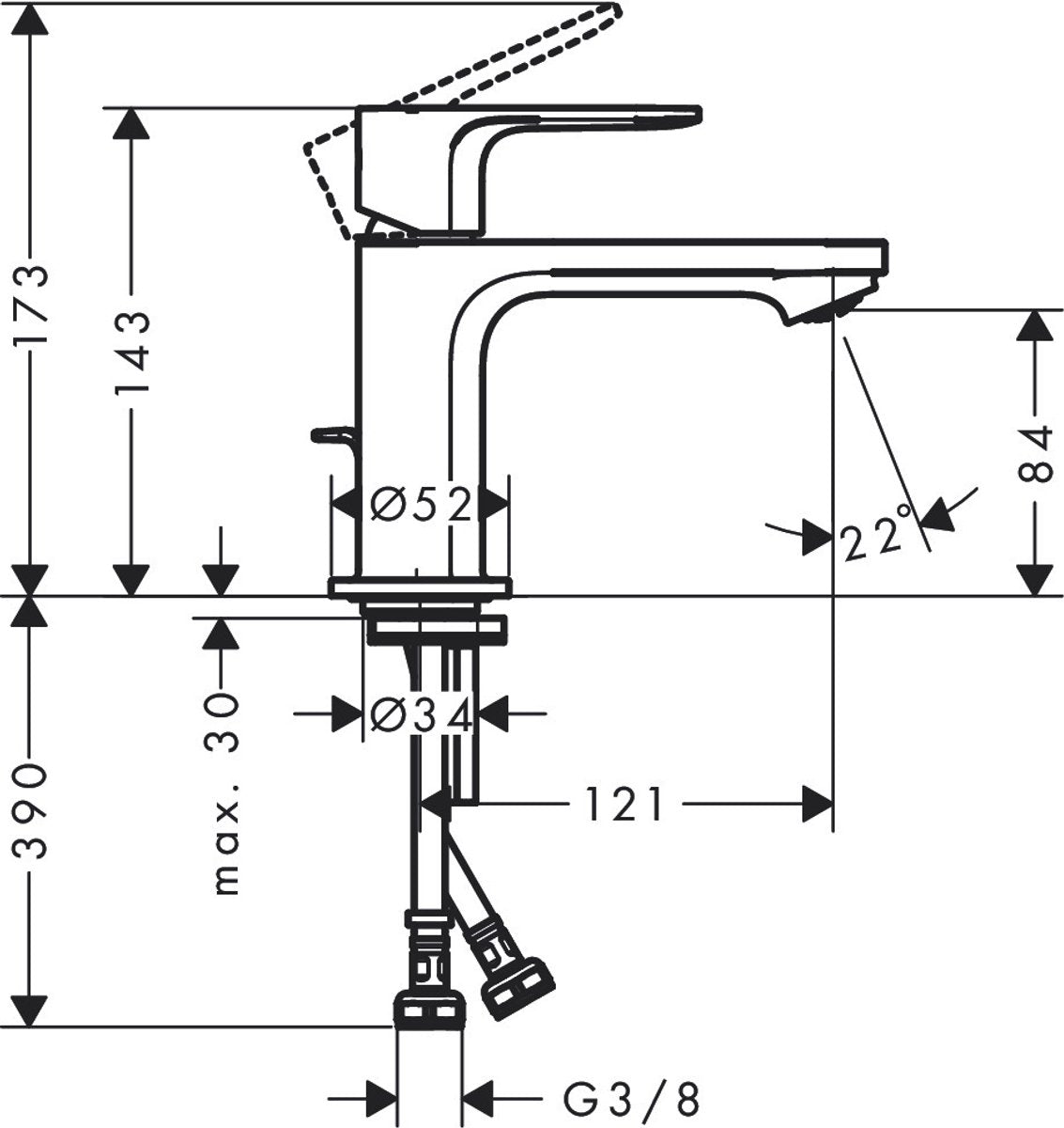 Hansgrohe rebris s – Waschtisch-Mischbatterie – Einhebelbedienung – Kaltstart energiesparend – mit Ablaufgarnitur – 80 mm Größe – Chrom