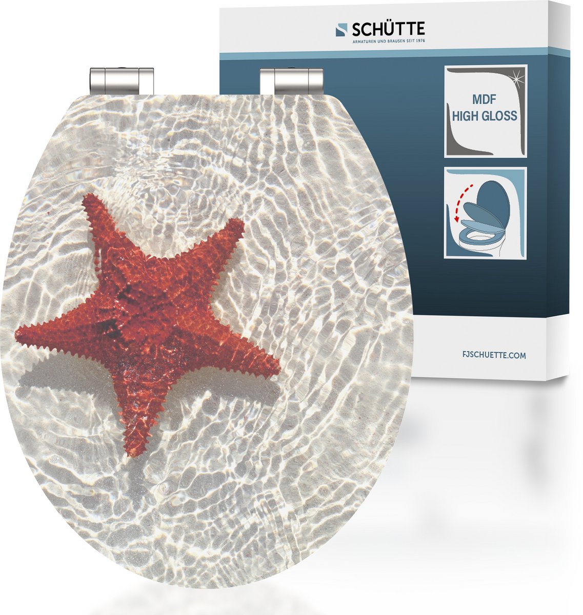 Schütte WC-Sitz 80541 Roter Seestern - Hochglanz - MDF-Holz - Absenkautomatik - Chromscharniere - Belastbar bis 175 kg - Dekor - 1-seitiger Druck