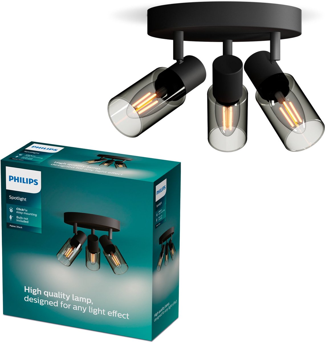 Philips led philips palms spot - plafondspot met drie lichtpunten - met gerookt glas - kleine fitting e14 - ronde basisplaat