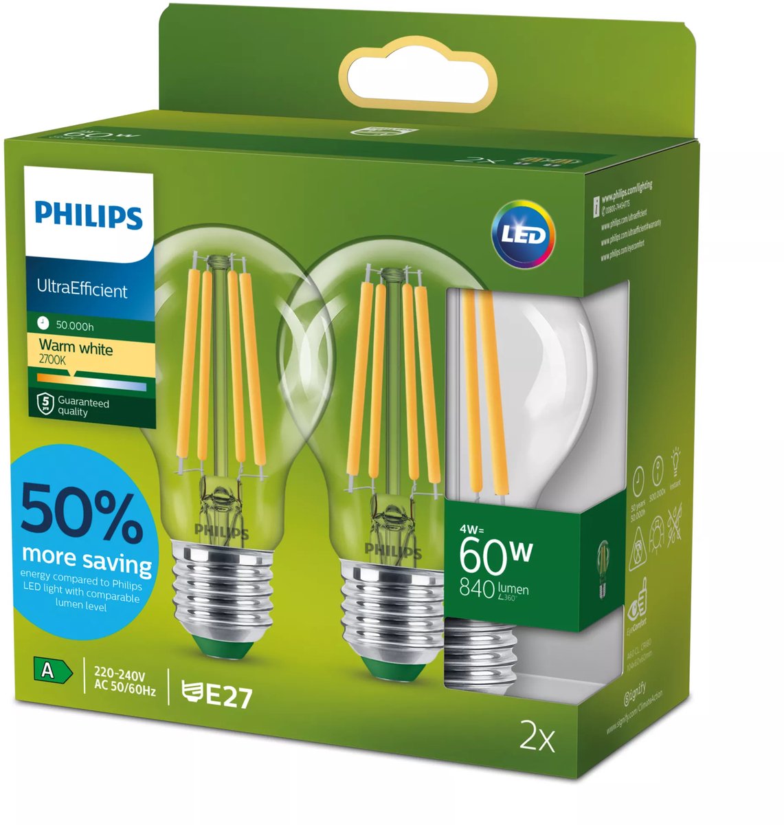 Philips led lamp transparant - 60 w - e27 - warmwit licht - 2-pack - bespaar op energiekosten
