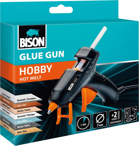 Bison Klebepistole Hobby – Heißklebepistole, Hobby und Kreativ, klebt sehr schnell, für verschiedene Materialien, Kunststoff, Textil, Pappe, Keramik, Glas, gegenseitig und Kombination