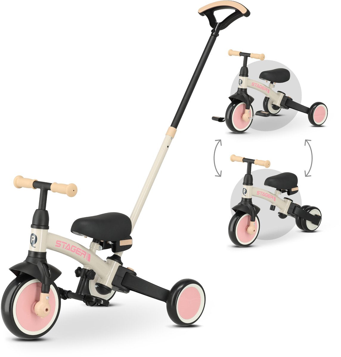 Qplay Stager Dreirad mit Schiebestange – Kleinkindfahrrad 3-in-1 faltbar – Pink