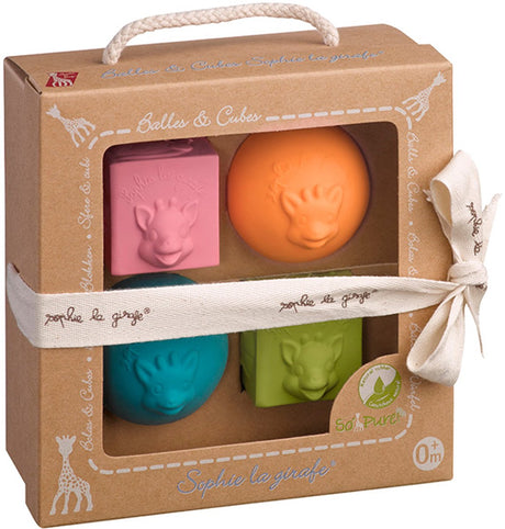 So'pure Spielset „Sophie die Giraffe“ – Set aus Blöcken und Bällen – Babyspielzeug – Geschenk zur Schwangerschaft – Geschenk zur Babyparty – 100 % Naturkautschuk – ab 3 Monaten – rosa, orange, blau, grün