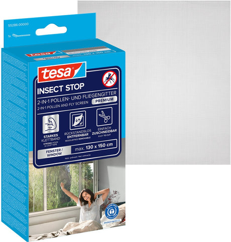 Tesa insect stop 2-in-1 pollen and fly screen premium - op maat snijden, transparante pollenbescherming, zelfklevende klittenband, antraciet - 130 x 150 cm