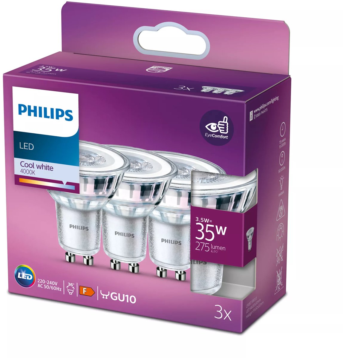 Philips led energiezuinige spot - 35 w - gu10 - koelwit licht - 3 stuks - bespaar op energiekosten