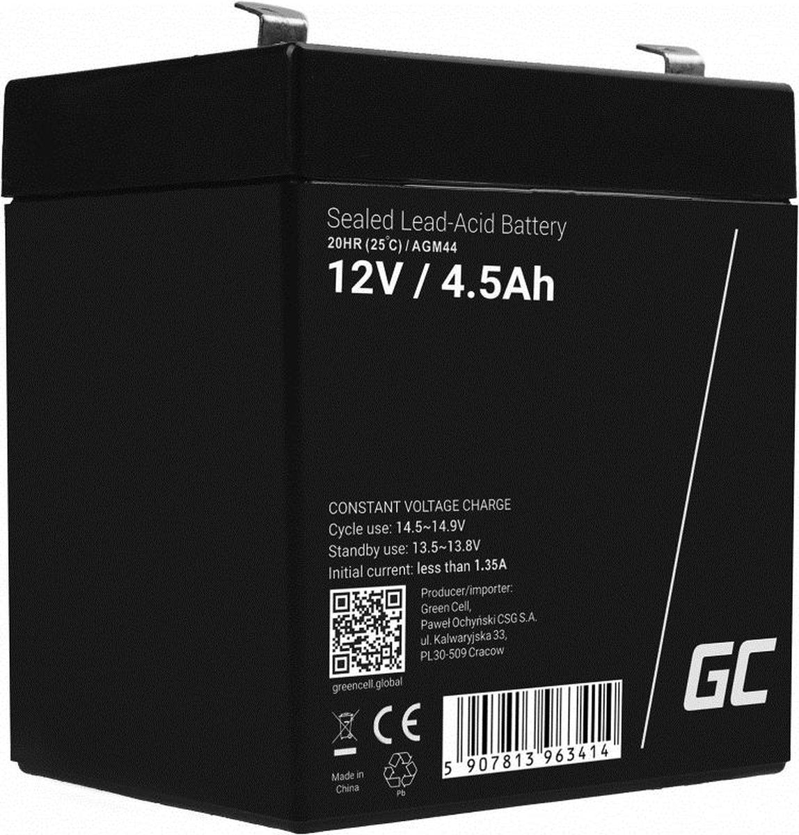 Greencell AGM VRLA 12 V 4,5 Ah Batterie wartungsfrei.