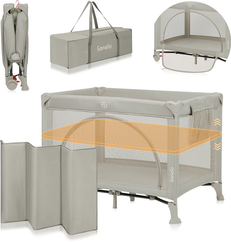 Lionelo Laura – kompaktes 3-in-1-Campingbett, Laufstall-Babybett – leicht – 2 Höhen – Räder mit Bremsen – Mesh-Seitenwände, Kleinkind-Eingang – inklusive Tragetasche, Aufbewahrungstasche – Reisebett