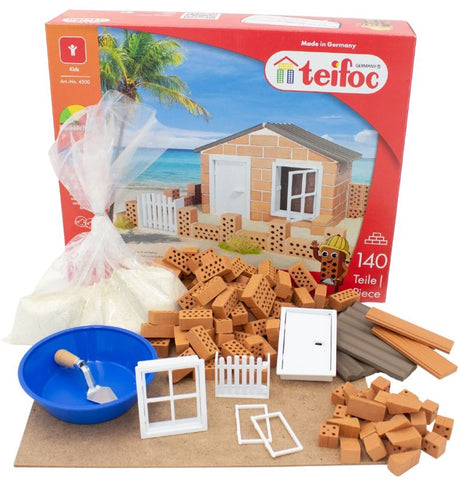 Teifoc® Baukasten – Strandhaus – 140 Teile – echte Mini-Steine mit Zement, Schüssel und Kelle – Bausatz für Kinder ab 6 Jahren