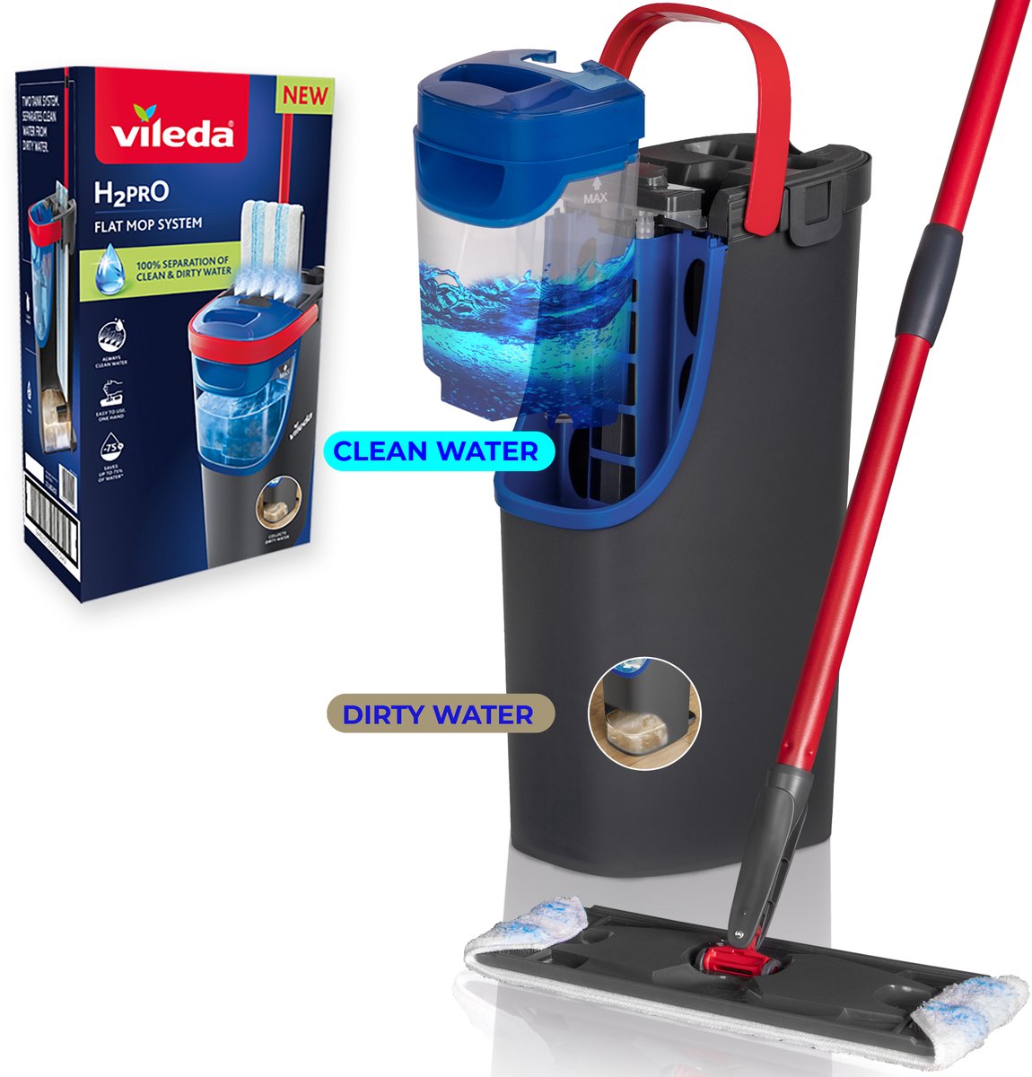 Vileda h2pro flatmop systeem complete set, twee gescheiden waterreservoirs, waterbesparend ontwerp, altijd schoon water