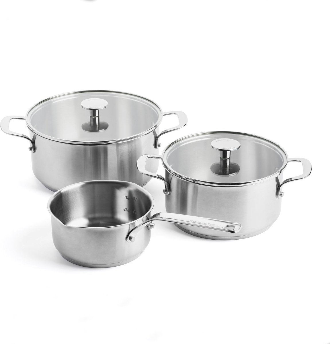 Kitchenaid Edelstahl-Kochtopf-Set 5-teilig – 16 20 24 cm – 1,5 3,1 4,8 l – PFAS-frei – Edelstahl-Pfannen-Set – Induktions-Pfannen-Set – ofenfest bis 220 °C – mit Glasdeckel – Silber