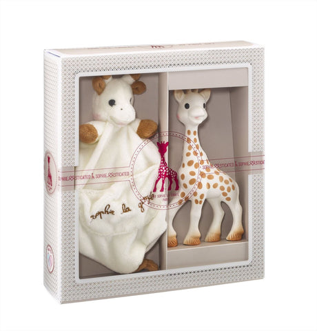 Raffiniertes Geschenkset „Sophie die Giraffe“ – Babyspielzeug – Kuscheltuch mit Schnullerhalter – Mutterschaftsgeschenk – Babyparty-Geschenk – 4-teilig