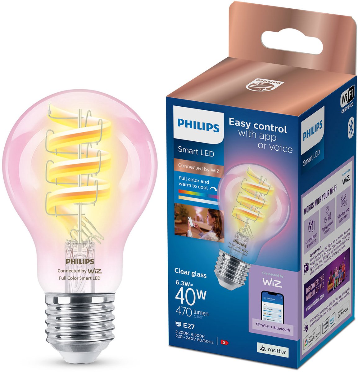 Philips led philips smart lighting - lamp filament - slimme led-verlichting - gekleurd en wit licht - e27 - transparant - 40w - wi-fi