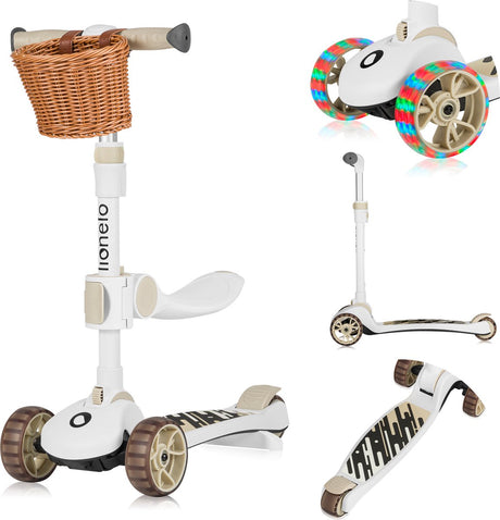 Lionelo Franky – Kinderroller 2in1 – LED – 3 Räder – bis 50 kg – Fahrrad und Roller 2in1 – große beleuchtete Räder – Spielzeugkorb
