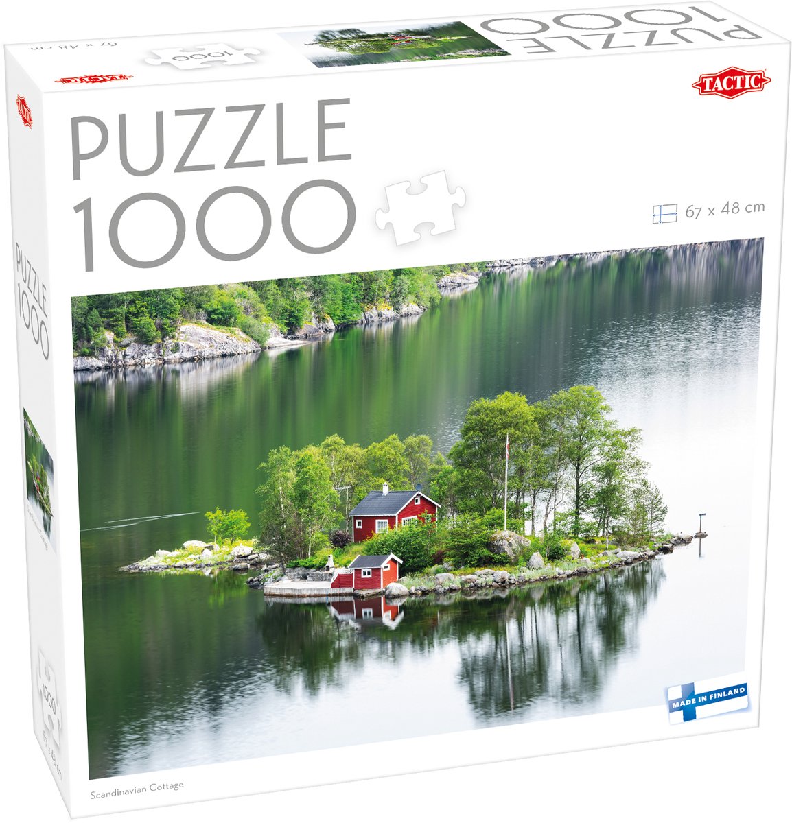 Tactic Scandinavian Cottage – Puzzle – 1000 Teile – ruhige skandinavische Insellandschaft – rote Holzhäuser am Wasser – hohe skandinavische Qualität