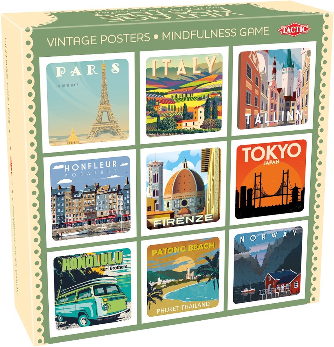 Taktik-Memo-Vintage-Poster Achtsamkeit – Memo-Spiel für Erwachsene – Finden Sie die richtigen Paare – Retro-Reiseposter und beruhigende Illustrationen – 2 bis 6 Spieler – ab 14 Jahren