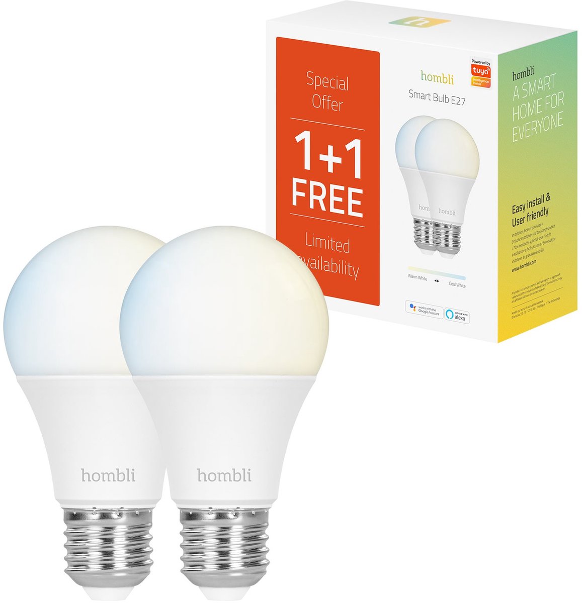 Hombli slimme verlichting - wifi lamp - e27 - warmwit licht - geen bridge nodig - smart led - dimbaar en tunable - promopack 1+1