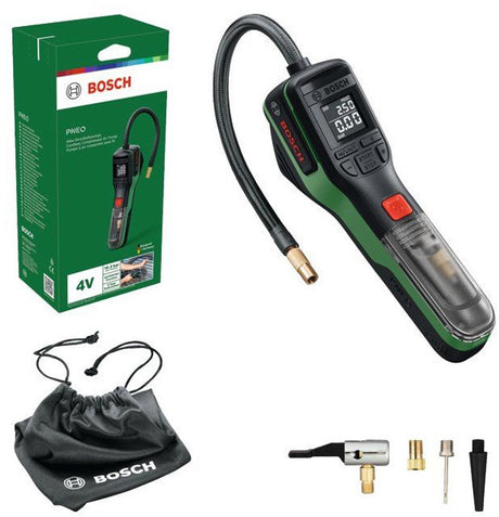 Bosch groen pneo 4v accu pomp (1x compact power 4v accu 3,0 ah, 1x snelkoppelingadapter, 1x ballennaaldadapter, 1x prestaventieladapter, 1x ballonadapter, 1x stoffen tas) - 0603947500
