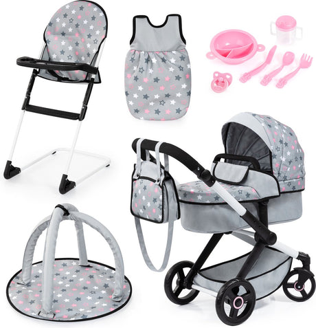 Bayer design xeo poppenwagenset, met tas, kinderstoel, slaapzak, speelboog, poppenaccessoires, in grijs