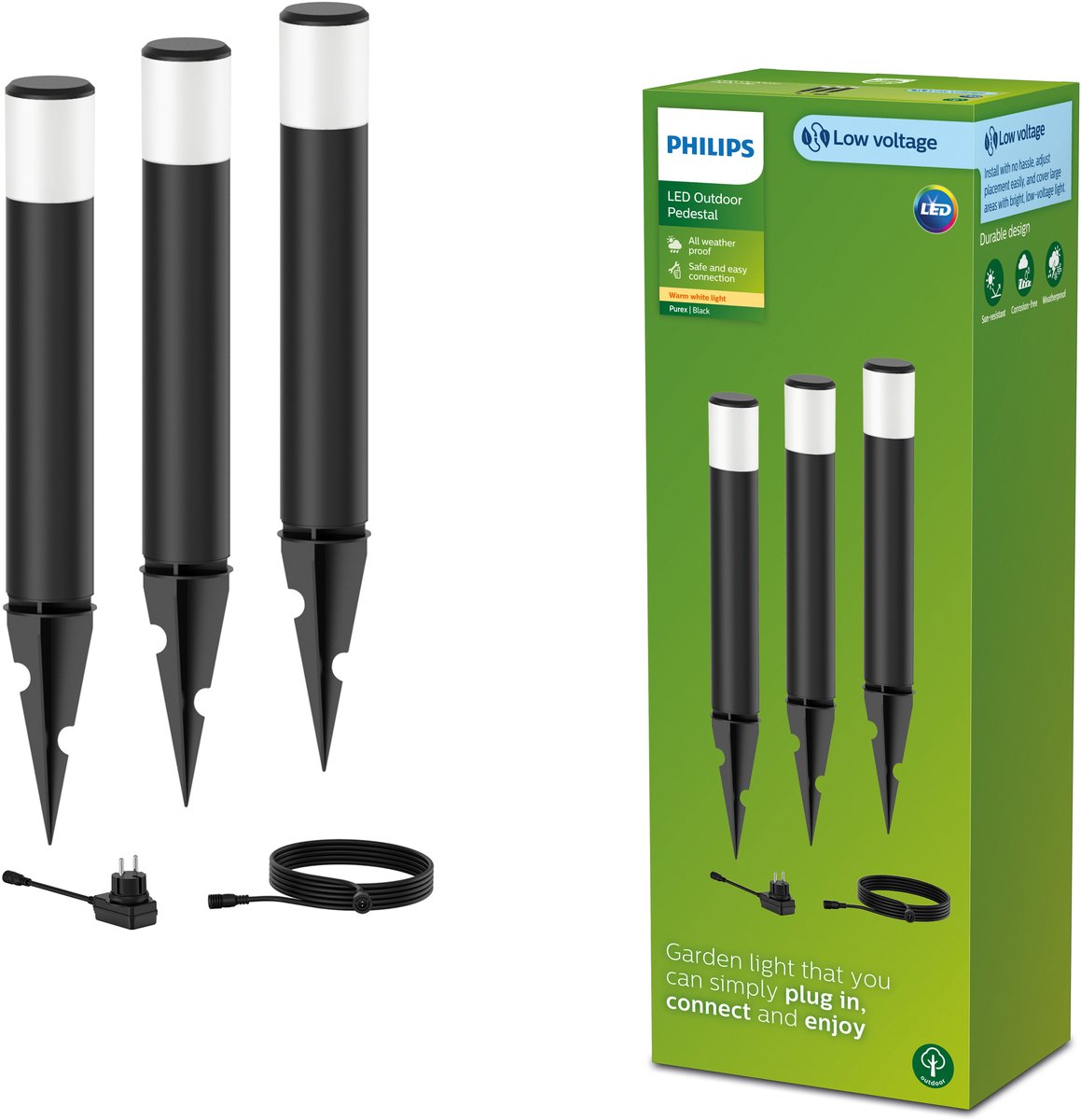 Philips led philips gardenlink purex 24v sokkellamp met spies - zwart - set van 3