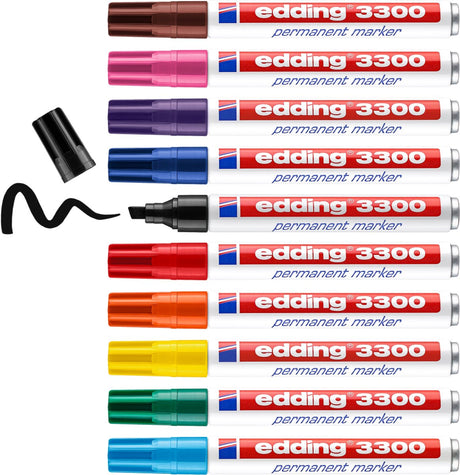 Edding 3300 Permanentmarker – 10 Farben – 10 Marker – Keilspitze 1–5 mm – wasser- und abriebfest – für Pappe, Kunststoff, Holz, Metall usw. – Alkoholmarker für Erwachsene