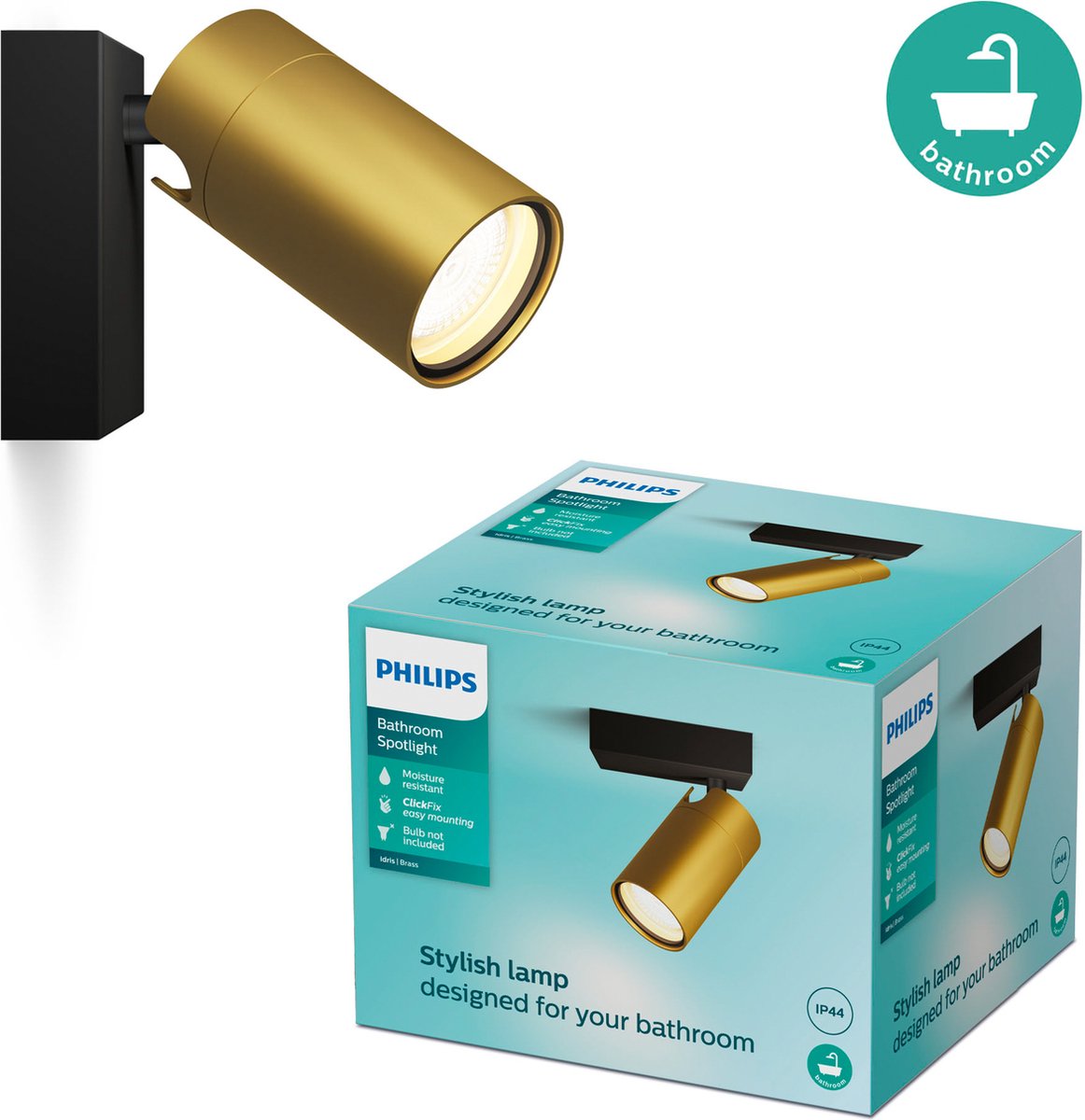 Philips led philips idris spot - plafondspot - spatwaterdicht ip44 - zwart met goud - 5w - badkamerlamp - eén lichtpunt - alleen geschikt voor led spots