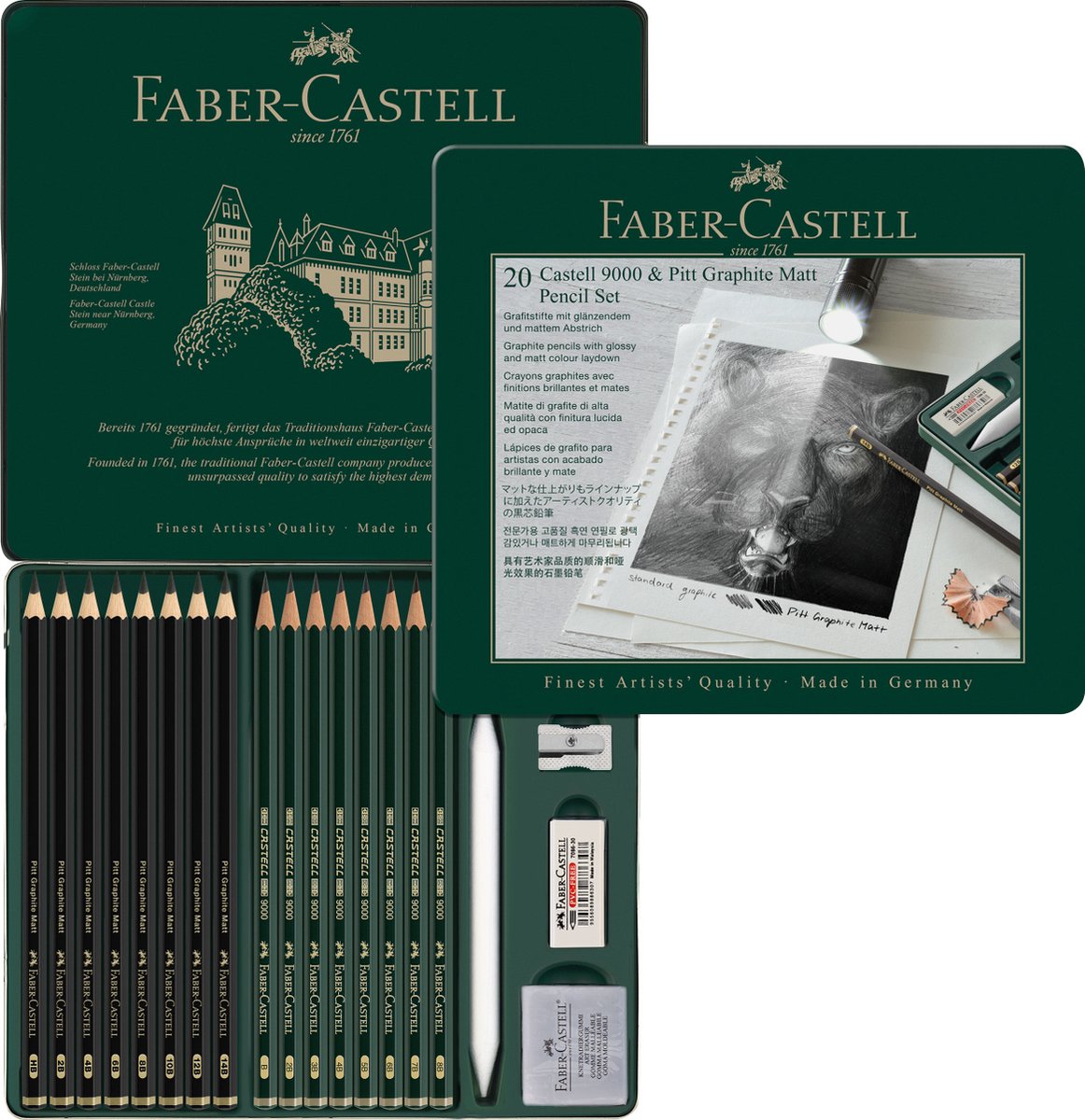 Faber-Castell Graphitstifte – Pitt matt und Serie 9000 in Dose – inklusive Zubehör – fc-115224