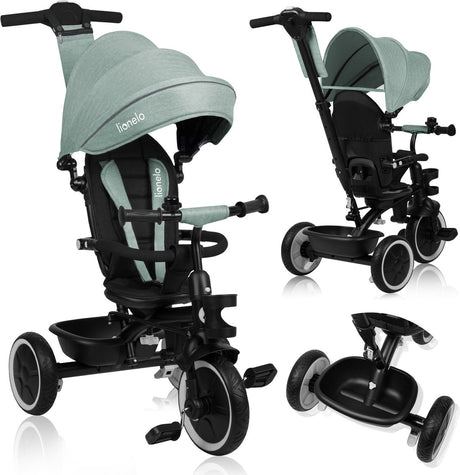 Lionelo Beeren-Dreirad 2in1 – bis 25 kg – 360° drehbarer Sitz – Kinderwagen-Fahrrad in einem – PU-Räder – Freilaufrad – verstellbare Schiebestange – Sonnen- und Regenverdeck – wächst mit dem Kind – lässt sich ohne Werkzeug zusammenbauen