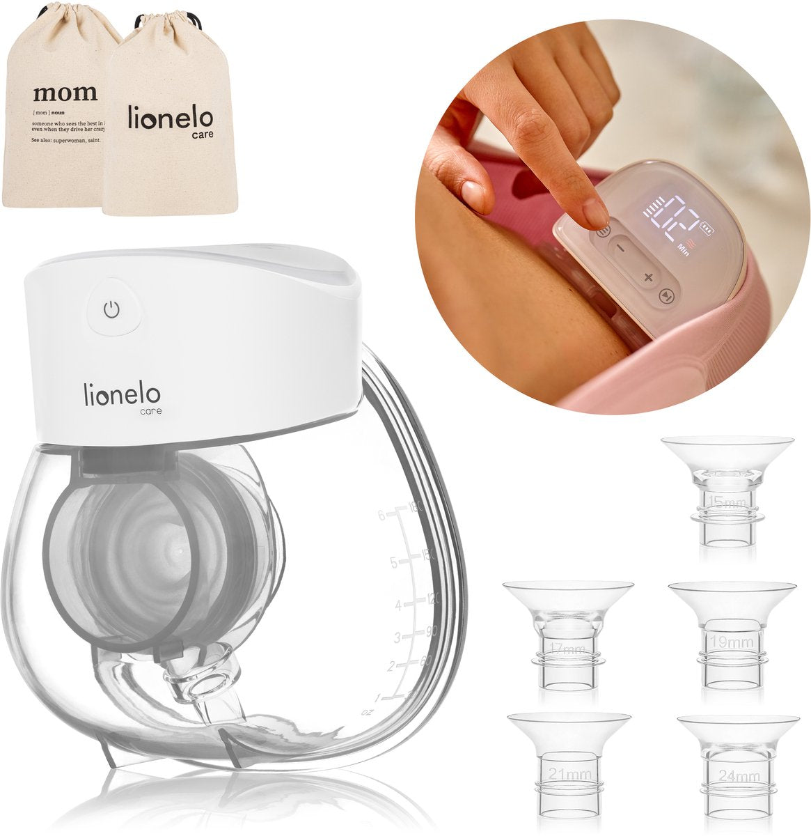 Lionelo fidi free lumi – elektrische Milchpumpe – 2 Betriebsmodi – Massagefunktion – 9 einstellbare Kraftstufen – 6 verschiedene Silikongrößen – Fassungsvermögen von 180 ml – Energieeinsparung – leiser Betrieb – Timer