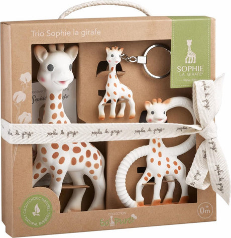 Sophie die Giraffe so'pure Trio – Geschenkset – Beißspielzeug – Babyspielzeug – 100 % Naturkautschuk – 3-teilig – Mutterschaftsgeschenk – Babyparty-Geschenk – in recycelter Geschenkbox mit Schleife aus Bio-Baumwolle