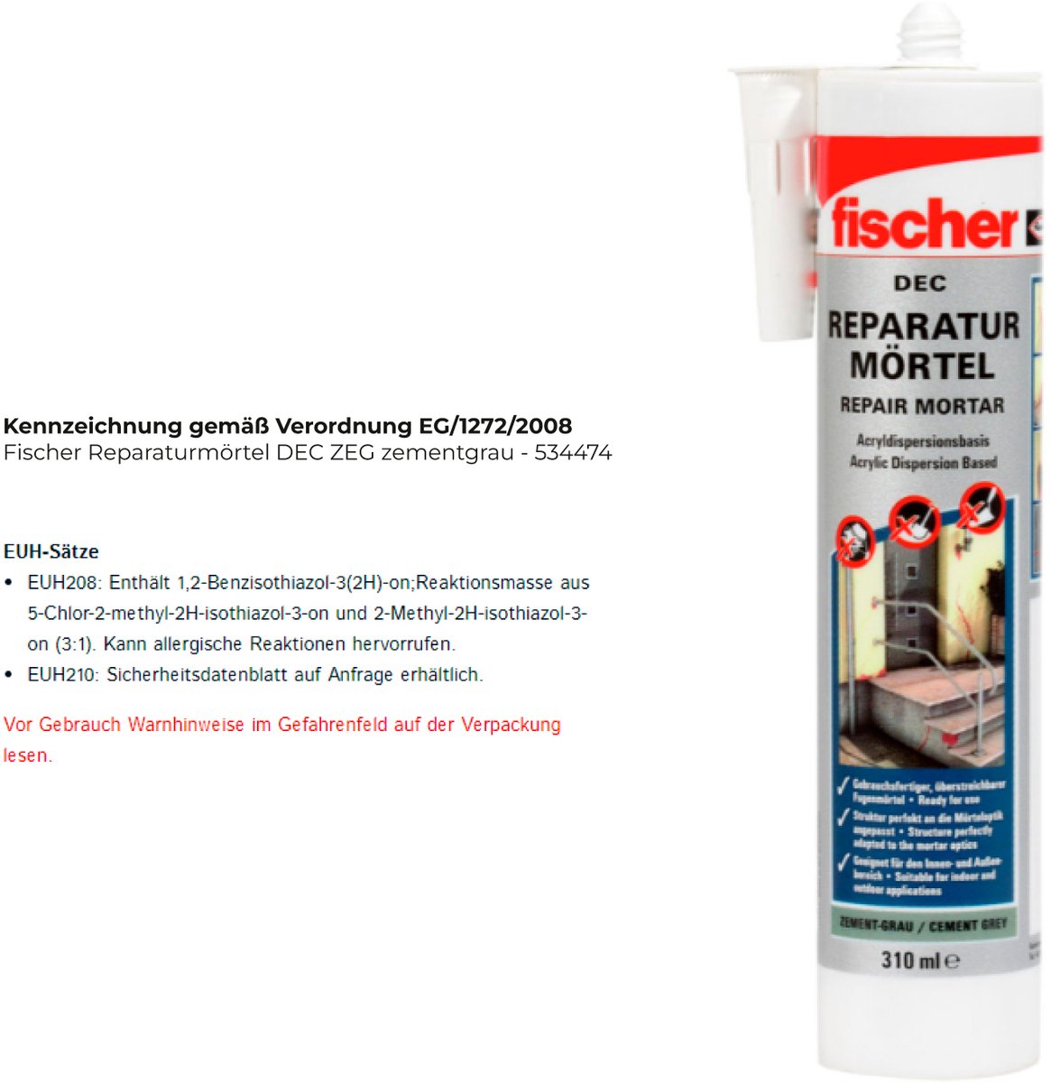 Fischer Reparaturmörtel Dec sagen Zementgrau – 534474