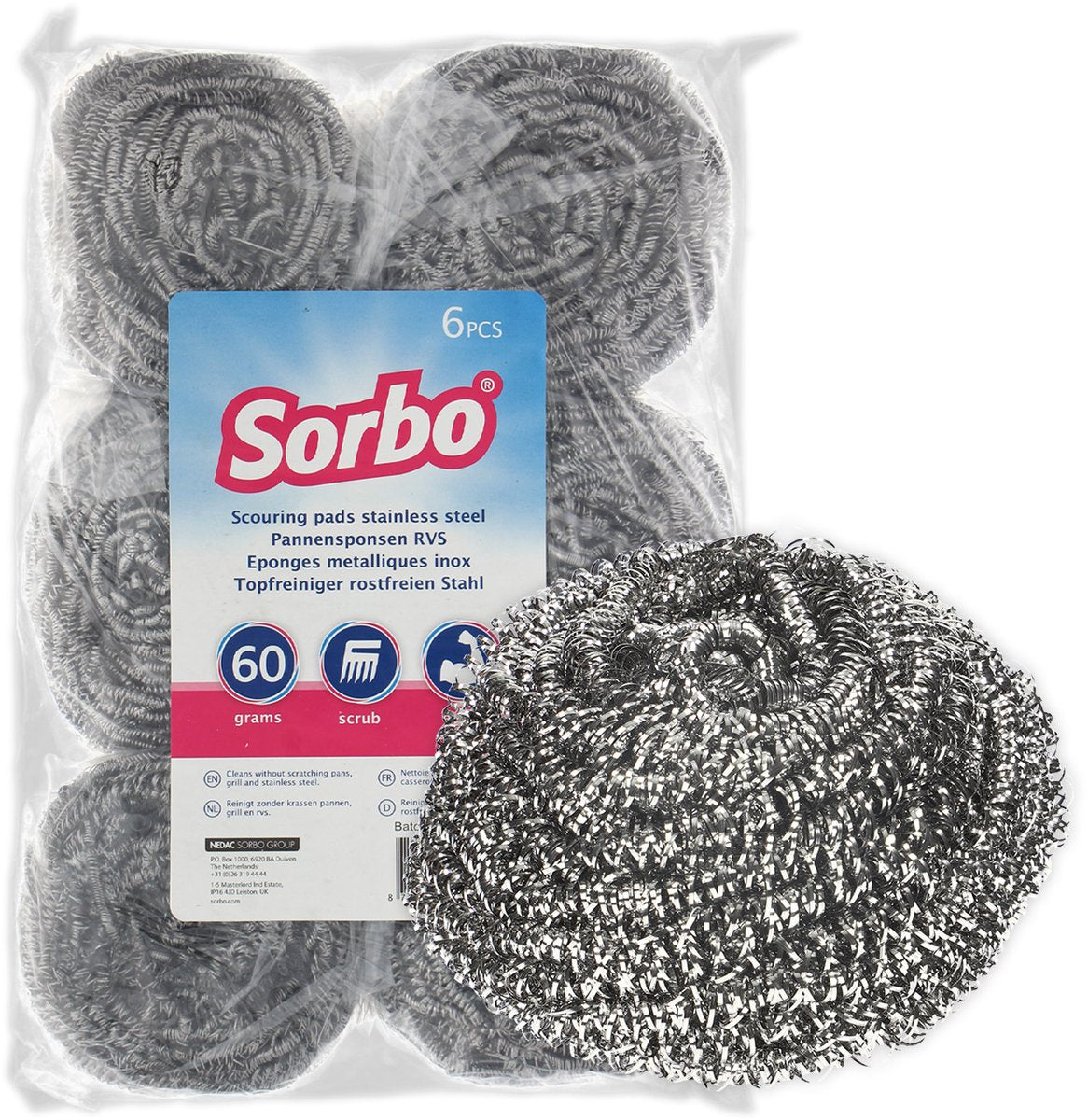 Sorbo Edelstahl-Scheuerschwämme 6 Stück – Metallschwamm – Stahlschwamm für Pfannen, Backofen, Grill und Barbecue