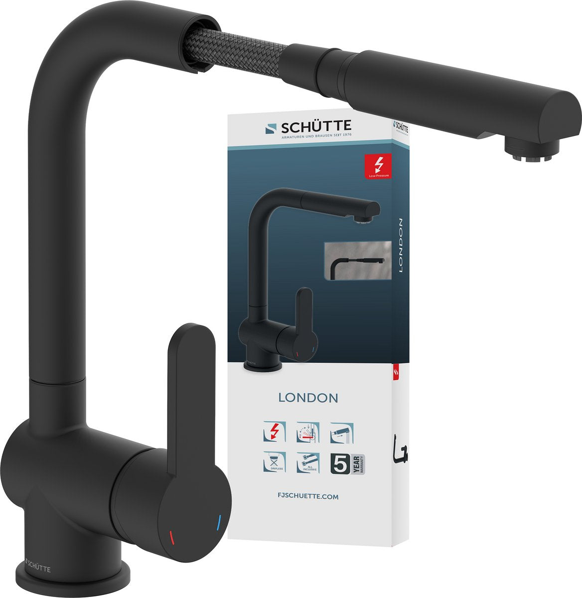 Schütte London Design Küchenarmatur für Durchlauferhitzer mit freiem Auslauf – Niederdruck – Mischbatterie – hoher, schwenk- und ausziehbarer Auslauf – seitlicher Griff – mattschwarz