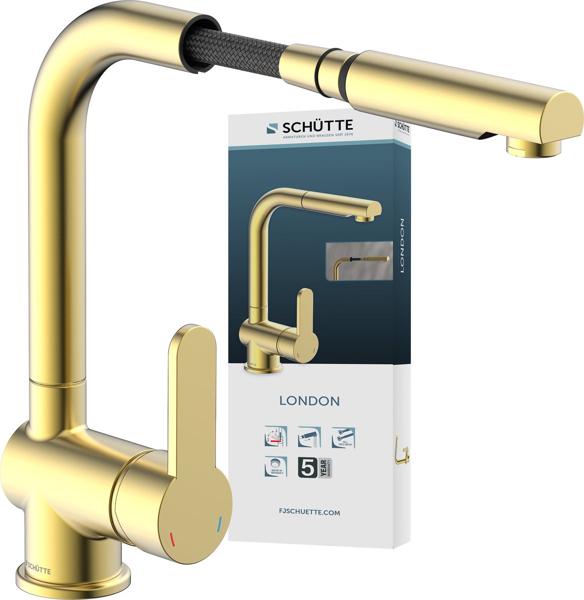 Schütte London Design Küchenarmatur - Mischbatterie - schwenkbarer Auslauf - herausziehbarer Mousseur - Mattgold