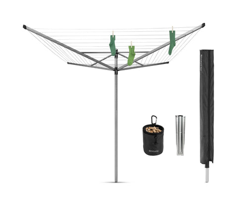 Brabantia Lift-o-matic Advance Wäschetrockner – 60 m – mit Metall-Erdanker – Schutzhülle und Wäscheklammerbeutel – Metallic-Grau