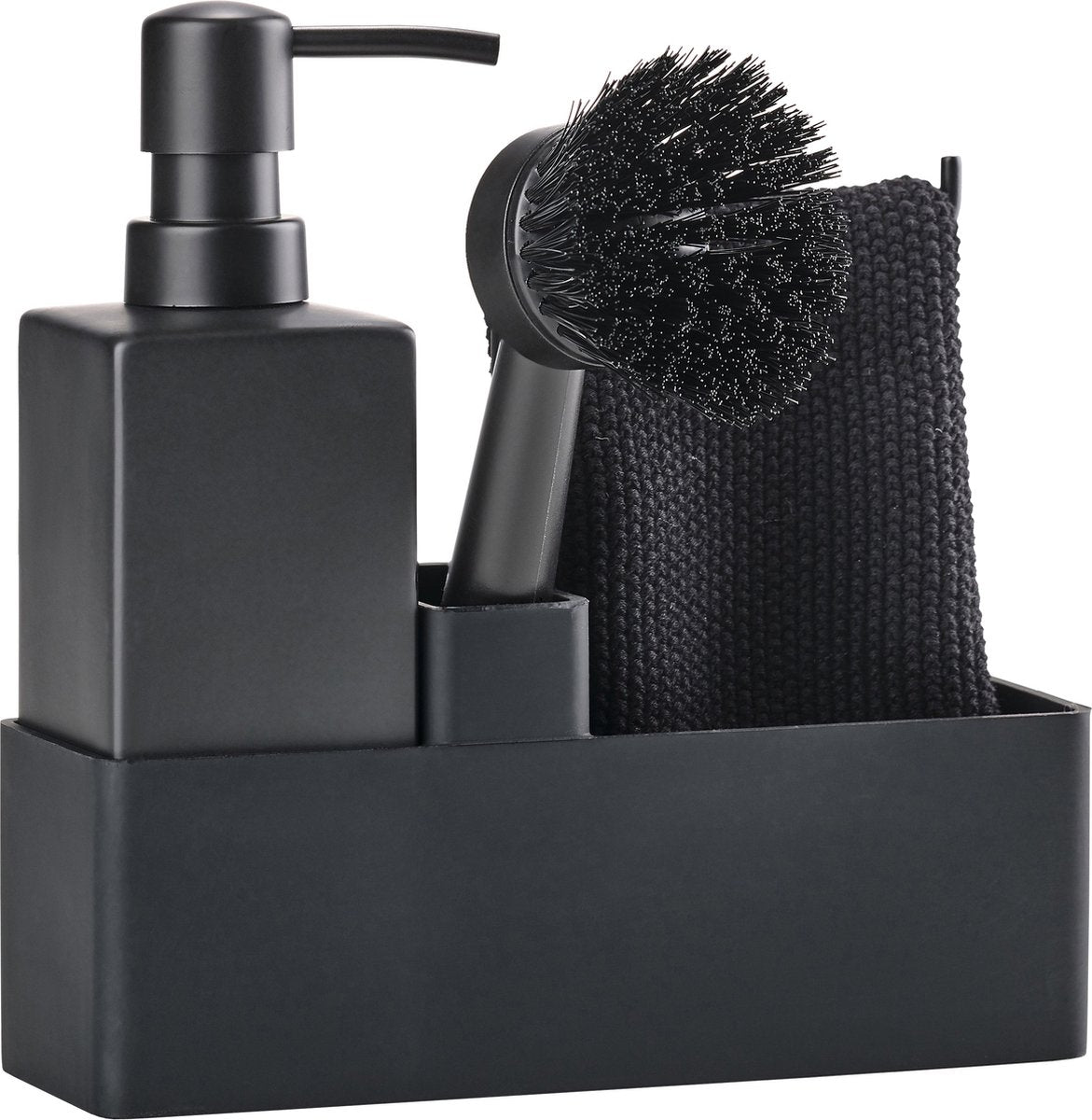 Zone Denmark Geschirrspülset 19 x 6 x 20,5 cm mit Spültuch, Seifenspender aus Keramik, Spülbürste und Küchenorganizer – 4-teilig schwarz – Geschirrspülset