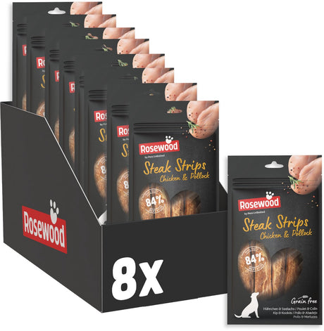 Rosewood steak strips kip koolvis - hondensnack - zacht vetarm - hoog vlees- en visgehalte - zonder kunstmatige toevoegingen - 8 zakjes à 100g