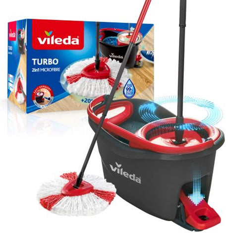 Vileda Turbo 2in1 – Komplettset mit Schleudermopp und Eimer mit Pedalpresse – Mikrofasermopp 2in1