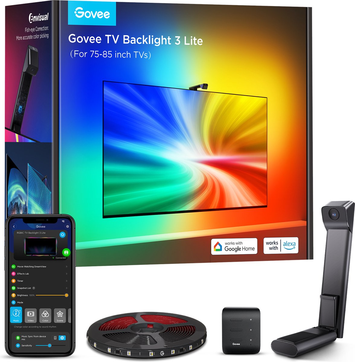 Govee TV Backlight 3 Lite 75–85 Zoll – TV-LED-Streifen – RGBICW – App-Steuerung – Alexa Google – Matter-kompatibel