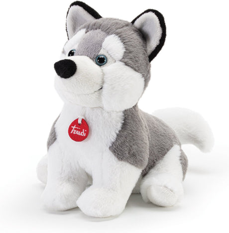 Trudi Welpe Kuscheltier Hund Husky Welpe 28 cm – hochwertiges Plüsch-Kuscheltier – Kuscheltier für Jungen und Mädchen – grau weiß – 19x28x28 cm Größe M