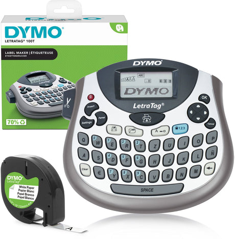 Dymo letratag lt-100t Etikettendrucker | Tragbarer Etikettendrucker mit QWERTZ-Toetsenbord | Silber | Ideal für das Büro oder Zuhause