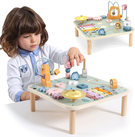 Polarb Holz-Aktivitätstisch Baby – multifunktionaler Spieltisch mit Formensortierer, Perlenbahn, Zahnrädern und Musikinstrumenten – Lernspielzeug ab 18 Monaten