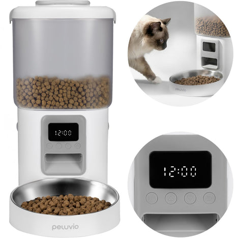 Automatischer Futternapf für Katzen von Peluvio Crispy – automatischer Futterspender für Katzen – 4,5 l Trockenfutter – Timer bis zu 4 Mahlzeiten – LCD-Bildschirm – Futternapf aus Edelstahl – Batterie-Backup – ohne App