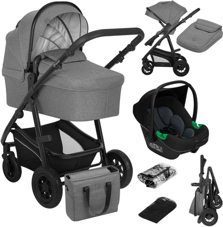 Lionelo Bianka Kinderwagen 3 in 1 – Babywanne + Kinderwagen + Autositz – große Luftreifen, Vollfederung – klappbar – verstellbare Schiebestange – Buggy-Wendesitz – 0–22 kg – Zubehörset – Grau