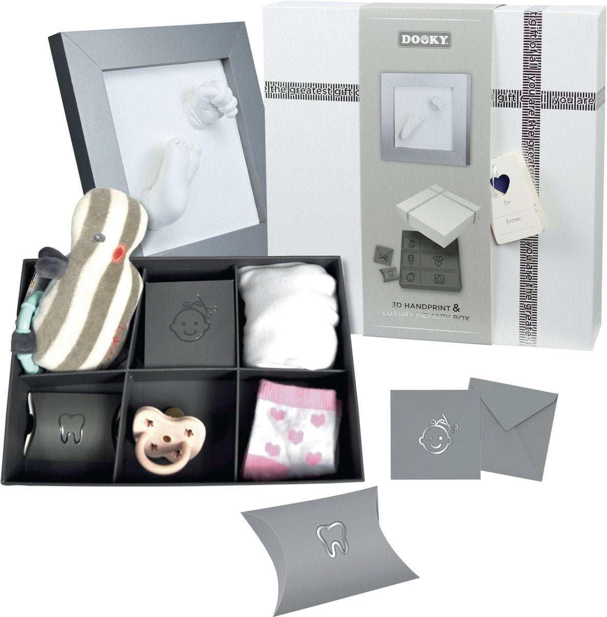 Dooky® dooky 3D-Baby-Hand- und Fußabdruckrahmen mit Erinnerungsbox – Foto- und Gipsabdruck – hautfreundlich, einfach herzustellen – Schwangerschaft oder Geschenk