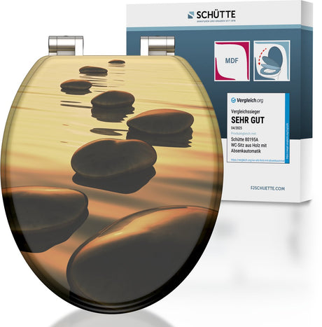 Schütte WC-Sitz 80127 Sea Stone – MDF-Holz – Absenkautomatik – Chromscharniere – Belastbarkeit bis 175 kg – Dekor – 3-seitiger Druck