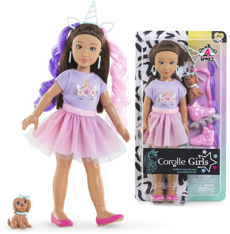 Corolle Modepuppe Luna Einhorn mit Zubehör und Hund – 28 cm.