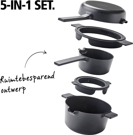 Brabantia compact all-in-one-set – stapelbare 5-delige pannenset camping - 22cm kookpan – 22cm koekenpan- 16cm steelpan- trendy design-stapelbaar - 100% pfas-vrij – 100% gerecycleerd - anti-aanbaklaag- aluminium- - incl. onderzetters - zwart