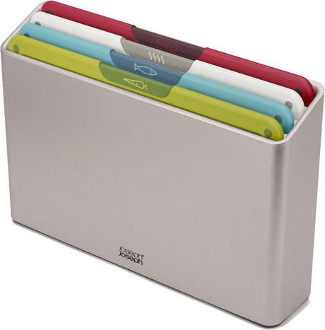 Joseph Joseph Folio™ Schneidebrettset 4-teilig – mittelgroß – mehrfarbig – farbcodiert – mit Aufbewahrungsständer – Edelstahlgriffe