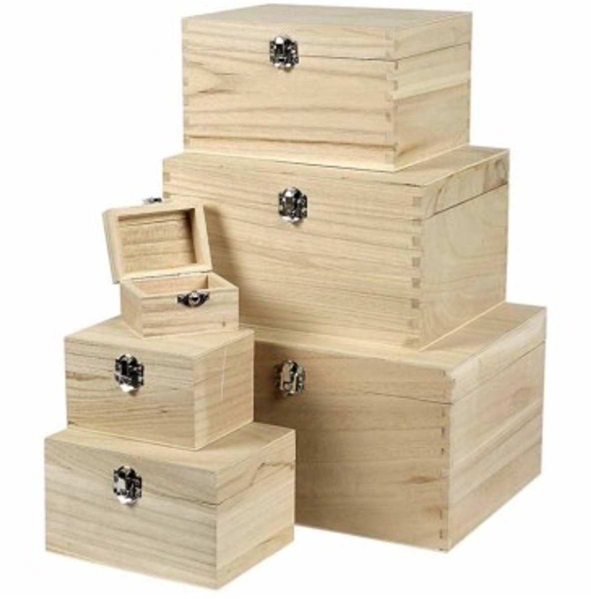 Creativ Company Set Holzkisten, H: 5+7+9+11+13+15 cm, L: 8+11,8+15,8+20+24+27,7 cm, B: 5,8+8,8+12+15+18+21 cm, 6 Stück 1 Set