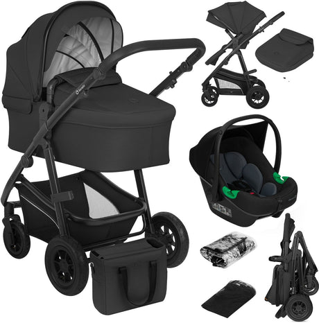 Lionelo Bianka Kinderwagen 3 in 1 – Babywanne + Kinderwagen + Autositz – große Luftreifen, Vollfederung – klappbar – verstellbare Schiebestange – Buggy-Wendesitz – 0–22 kg – Zubehörset – Schwarz